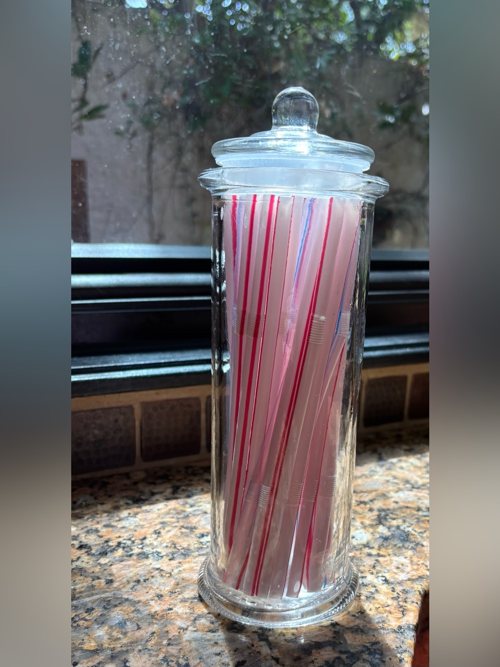 Vintage Glass Apothecary Jar w Straws —- Versatile Kitchen Storage Jar 10” Tall